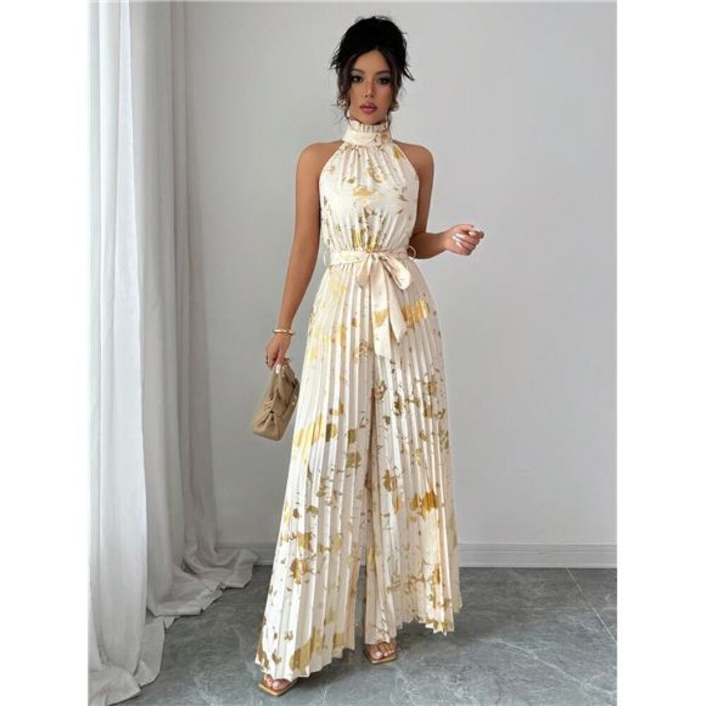 NEW - Pleated Wide Leg Jumpsuit | Elegant Floral Halter Palazzo Romper
